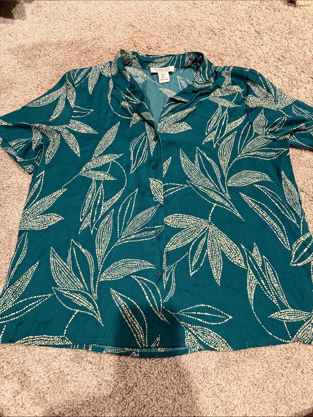Rachel Zoe Teal Leaf Print Short Sleeve Button-Down Shirt